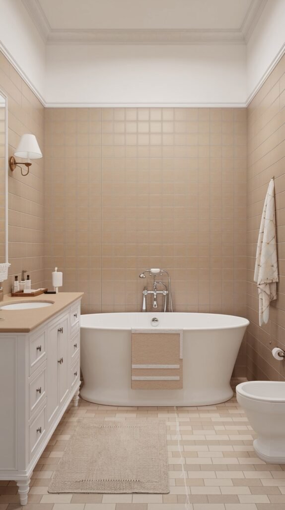 A chic and serene bathroom decor with beige tiled walls and lighter beige tiled floors. A freestanding white oval bathtub is centrally placed, with a light brown towel draped over its side. To the left, a white vanity with multiple drawers and a wooden countertop holds a sink and various bottles. A wall-mounted light fixture illuminates the space. A white toilet is visible on the right, with a towel hanging nearby, showcasing a clean, understated scandi approach to decor.