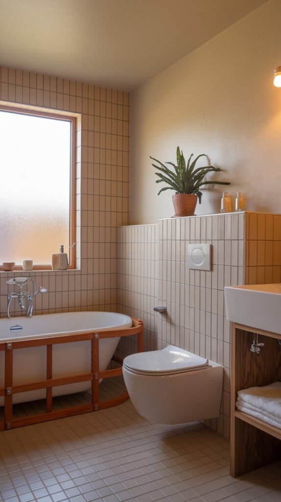 A modern and chic scandi bathroom decor with light beige tiled walls and floors. A white bathtub with a wooden frame is situated beneath a frosted window. A wall-mounted toilet is to the right of the tub, with a built-in shelf above it holding a potted plant and bottles. A wooden vanity with a white sink and open shelving for towels completes the practical and chic decor.