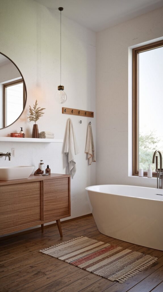 A bright and chic bathroom decor with white walls and dark wooden floors, characteristic of scandi influences. A freestanding white oval bathtub is on the right, next to a large window. On the left, a wooden vanity with a white vessel sink holds various toiletries. A large round mirror is mounted above the vanity, and a pendant light hangs from the ceiling. A wooden coat rack with hooks holds white towels on the wall. A striped rug is on the floor, adding warmth to the decor.