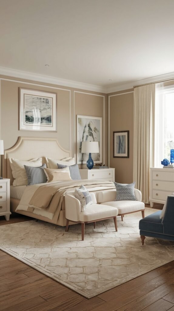 A serene and classic bedroom space with neutral walls and bedding, enhanced by blue and striped accent pillows, a chic upholstered bed frame, two elegant upholstered benches, and pristine white dressers.