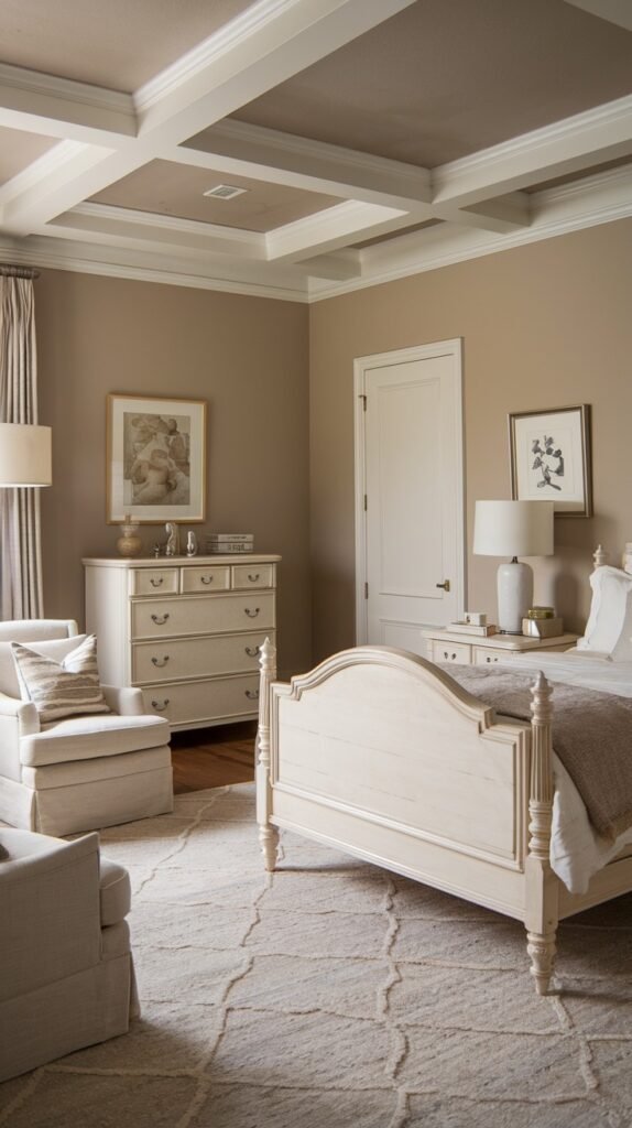 A tranquil and classic bedroom adorned in neutral tones, showcasing a white wooden bed frame, white dressers, and two comfortable upholstered armchairs, complemented by an architectural coffered ceiling.