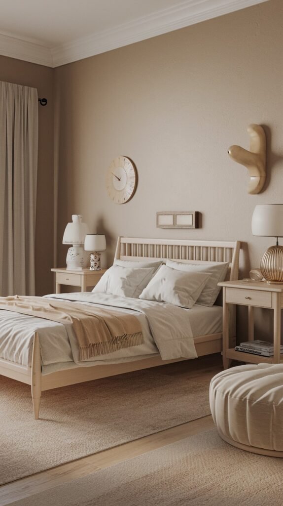 A modern yet classic bedroom featuring neutral light wood furniture, including a bed with a slatted headboard and matching nightstands, alongside a round wall clock and a unique sculptural wall decoration.