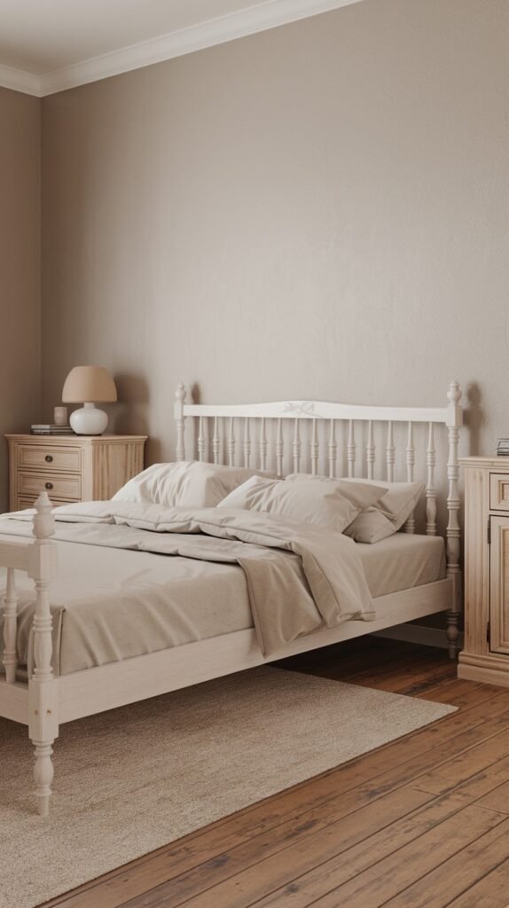 A charming and classic bedroom with neutral beige walls and light-colored wooden furniture, notably a bed with beautifully turned posts and a complementary wooden dresser.