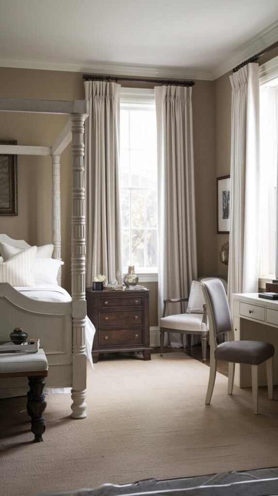 A spacious and classic bedroom decorated in neutral tones, featuring a stately four-poster bed, a dark wood nightstand, a light-colored upholstered armchair, and a white desk with a grey chair.