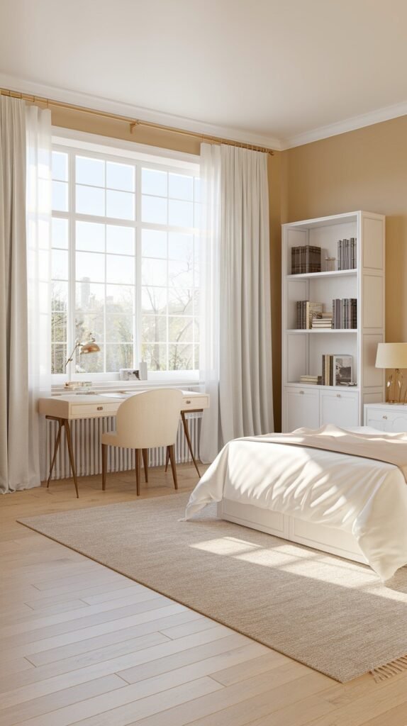 A bright and airy classic bedroom combining neutral and warm tones, equipped with a light wood desk, a functional white bookshelf, and a bed situated near a large, sunlit window, creating an inviting workspace.