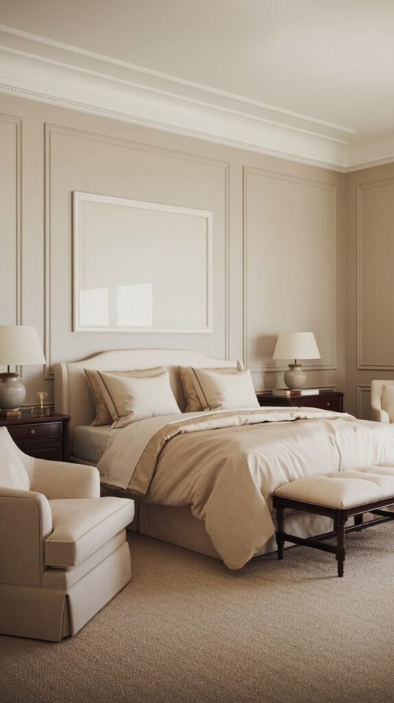 A sophisticated and classic bedroom designed with a predominantly neutral color palette, featuring a large bed with a beige upholstered headboard, dark wood nightstands, and two comfortable upholstered armchairs.