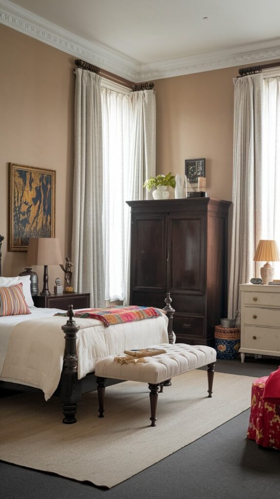 A distinctive and classic bedroom with neutral walls, furnished with a dark wood bed and a large armoire, accented by a patterned bench and a colorful throw on the bed.