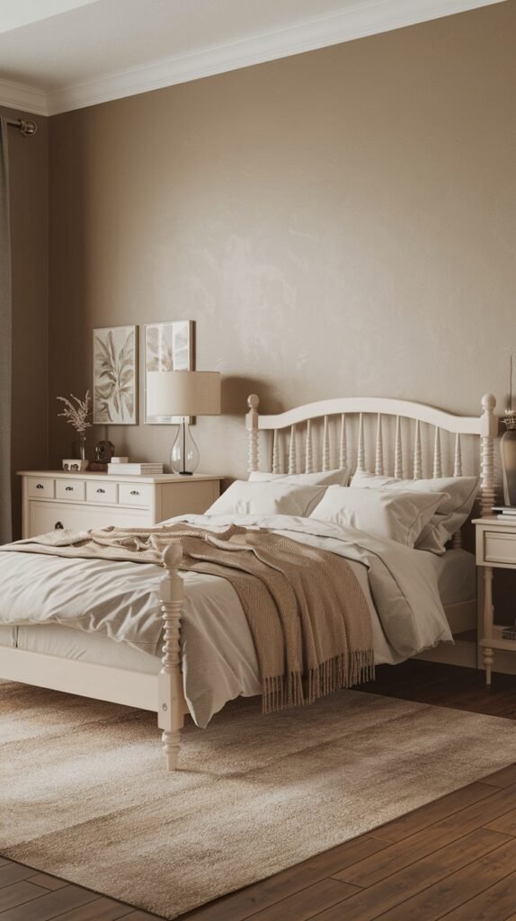 A welcoming and classic bedroom presenting neutral beige walls, a white wooden bed frame with a sculpted headboard, white dressers, and a soft, neutral throw blanket draped over the bed.