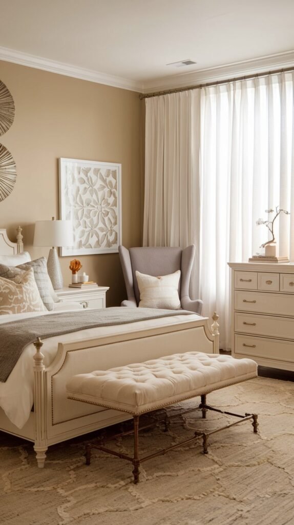 A chic and classic bedroom adorned in neutral tones, featuring a white tufted bed, a long upholstered bench, white dressers, a stylish grey wingback chair, and decorative botanical wall art.