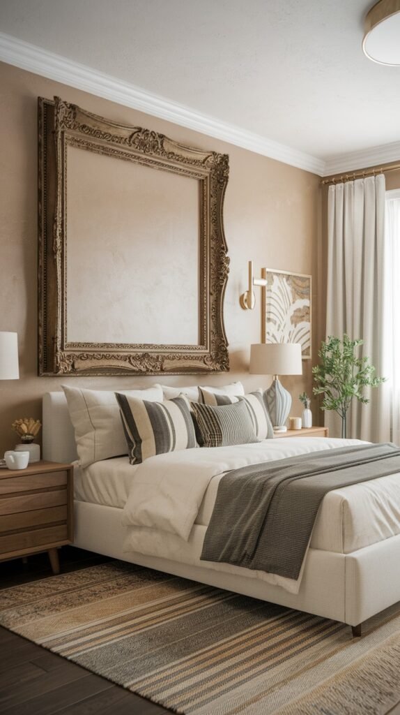 An artistic and classic bedroom with neutral and warm earthy tones, a simple upholstered bed, wooden nightstands, and a strikingly large, ornate antique gold frame serving as a dramatic wall decoration.
