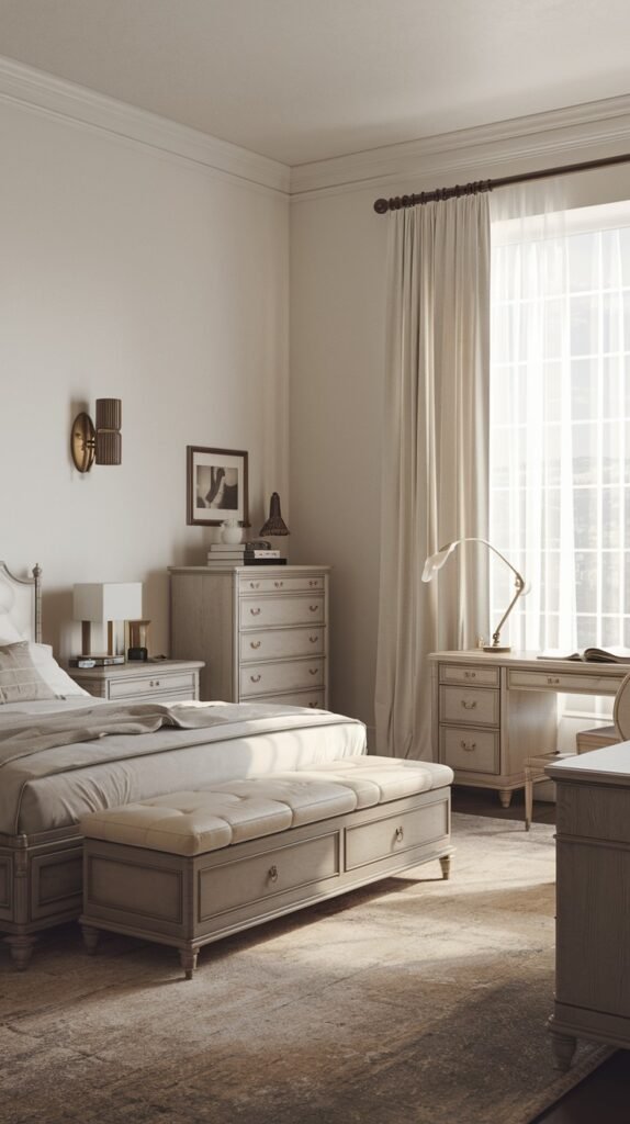 A light-filled and classic bedroom showcasing neutral light-colored wooden furniture, including a bed, a dresser, and a functional desk, all illuminated by ample natural light streaming through a large window.
