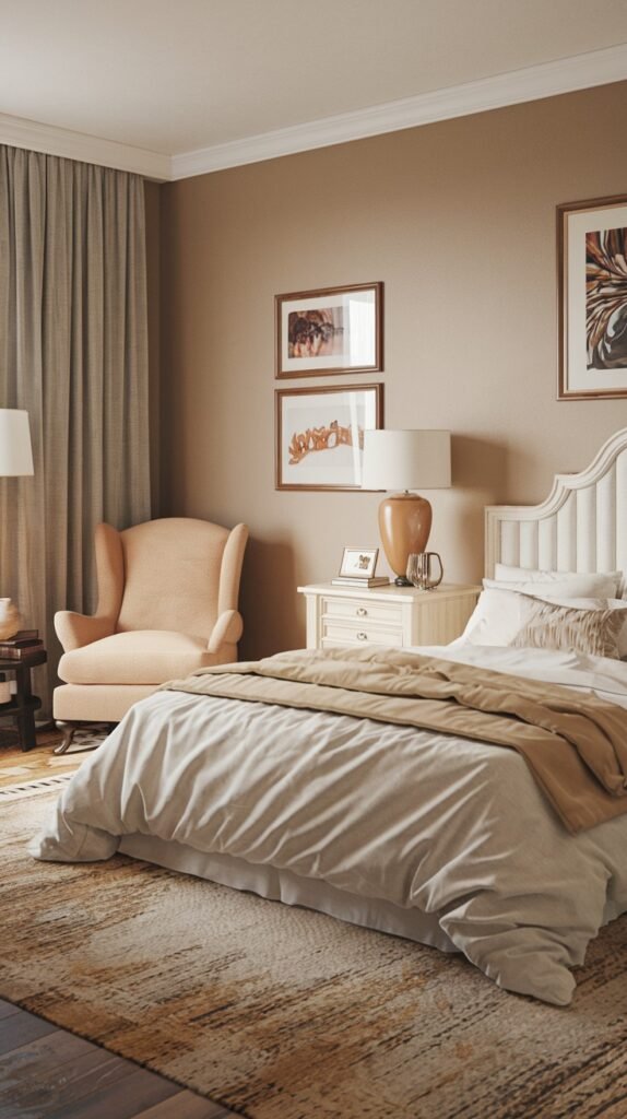 A comforting and classic bedroom styled with neutral beige and brown tones, featuring a white headboard bed, a cozy upholstered armchair, and a collection of various framed artworks displayed on the wall.