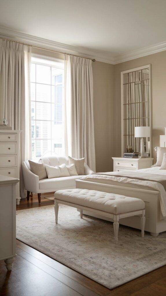A pristine and classic bedroom designed with neutral light colors, including a white bed, a tufted bench, white dressers, a small white sofa, and a tall, elegant mirrored wall decor piece.