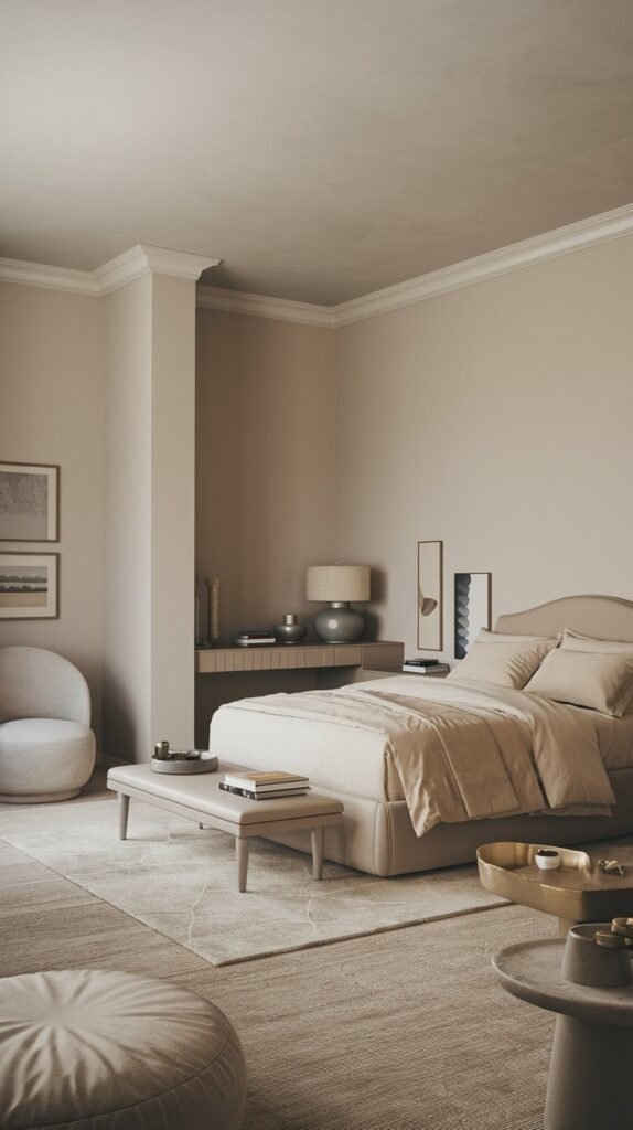 A minimalist and classic bedroom featuring a neutral monochrome beige color scheme, an upholstered bed, a short upholstered bench, and round accent tables, creating a tranquil and uncluttered environment.