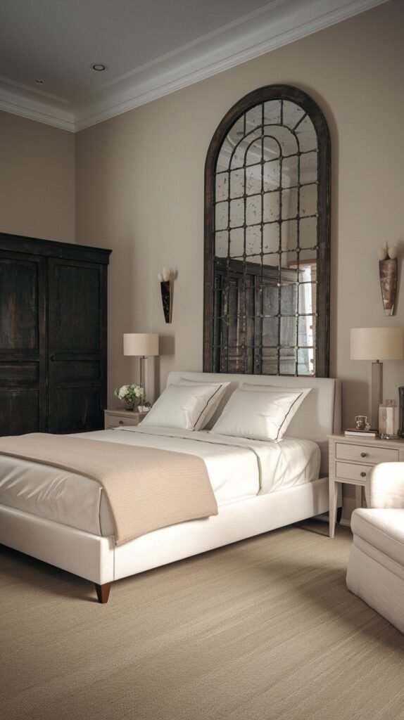 A refined and classic bedroom with neutral colors, showcasing a white upholstered bed, a dark wooden armoire, and a striking large arched mirror with a grid pattern, complemented by subtle wall sconces.