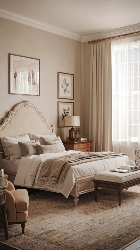 A warm and classic bedroom adorned in neutral inviting tones, featuring an ornate upholstered bed, a solid wooden nightstand, a tufted bench, and elegantly framed botanical prints.