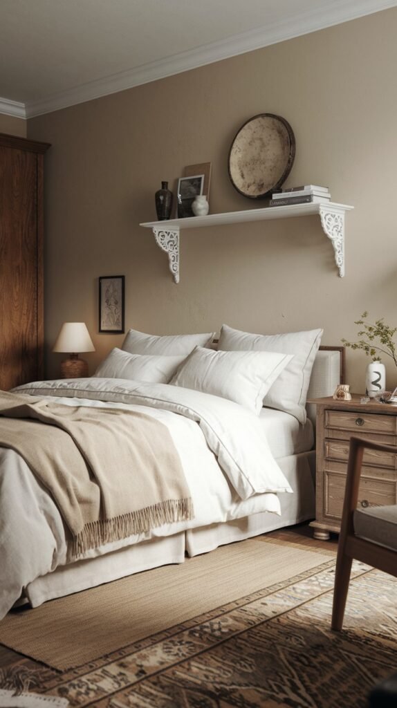 A rustic yet classic bedroom featuring neutral earthy tones, a simple bed with crisp white bedding, a wooden nightstand, a white decorative wall shelf, and a traditional wooden chair.