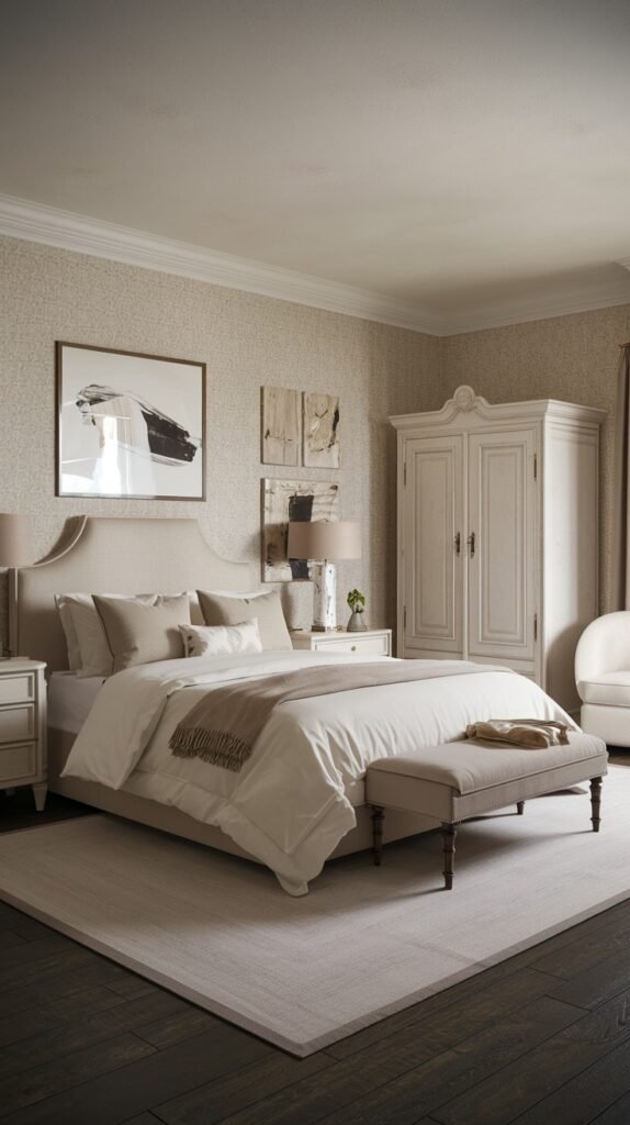 A spacious and classic bedroom with neutral textured wallpaper and matching furniture, including an upholstered bed, a large white wooden wardrobe, a tufted bench, and modern abstract wall art.