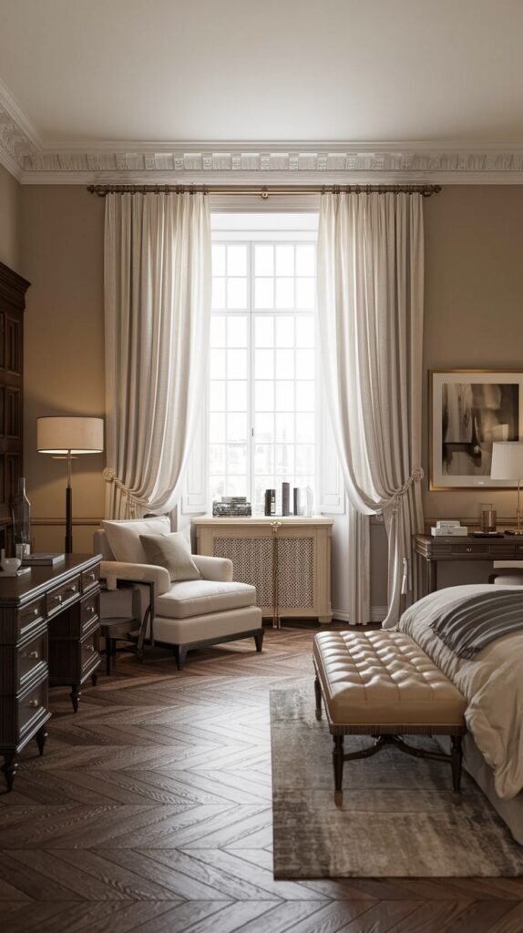 A classic bedroom designed with neutral tones, featuring a dark wooden desk with a lamp, a comfortable upholstered armchair, a large window adorned with flowing drapes, and a beige tufted bench positioned at the foot of the bed.