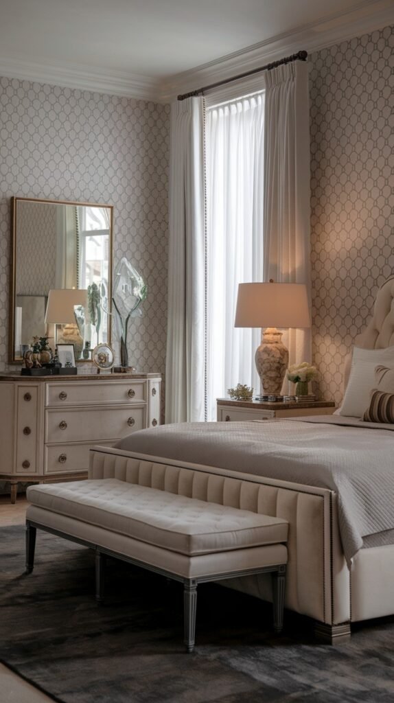 A sophisticated and classic bedroom featuring a neutral upholstered bed, a long tufted bench, a dresser topped with a large, ornate mirror, and subtle patterned wallpaper.