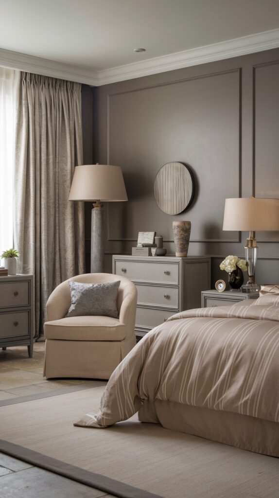 A stylish and classic bedroom presenting neutral gray paneled walls, a cozy upholstered armchair, and coordinating light-colored furniture, completed by a tall floor lamp and matching bedside lamps.