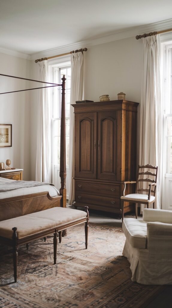 A timeless and classic bedroom with neutral walls, an imposing wooden four-poster bed, a dark wood armoire serving as a central piece, and a vintage-style patterned rug.