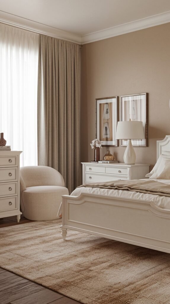 A refined and classic bedroom space with neutral walls and cohesive light-colored furniture, including a bed, a plush round upholstered chair, and matching dressers, all set against a large window with drapes.