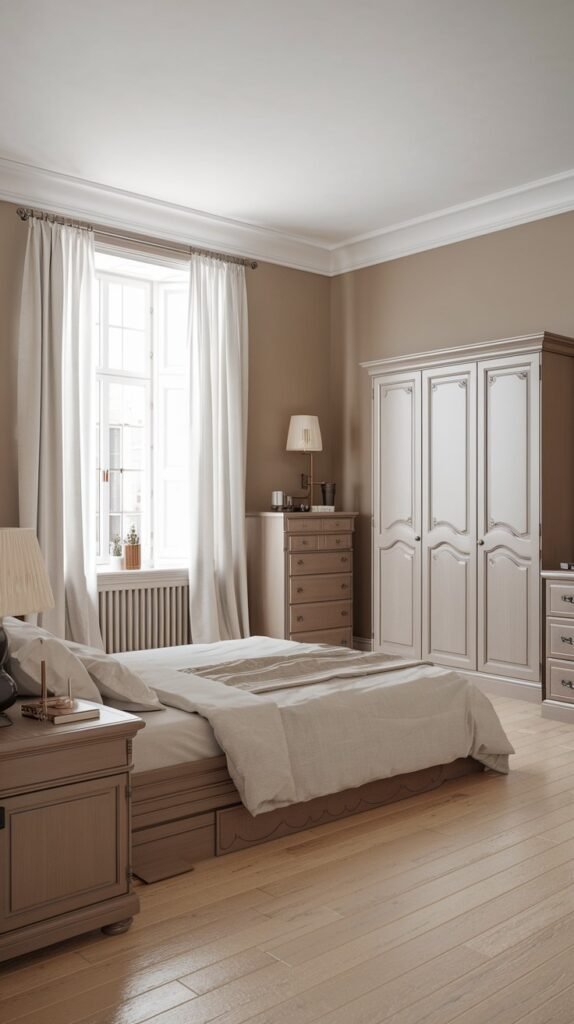 A well-organized and classic bedroom featuring neutral walls and a suite of light-colored wooden furniture, including a bed with integrated storage, a spacious wardrobe, and various dressers, alongside a large window.