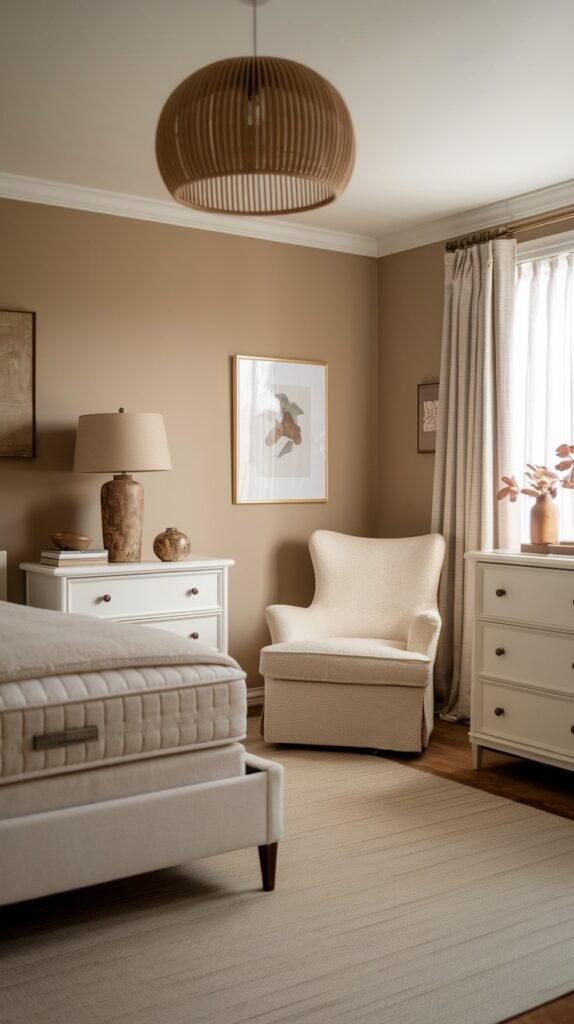 A cozy and classic bedroom in neutral hues, highlighting an upholstered bed, a comfortable wingback armchair, white dressers, and a distinctive wooden slatted pendant light fixture.
