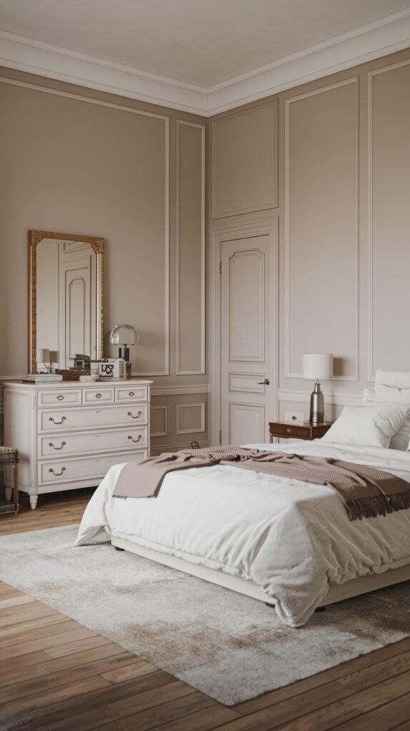 An elegant and classic bedroom with neutral paneled walls, a pristine white upholstered bed, a dark wooden nightstand, and a grand, ornate gold-framed mirror positioned above a dresser.