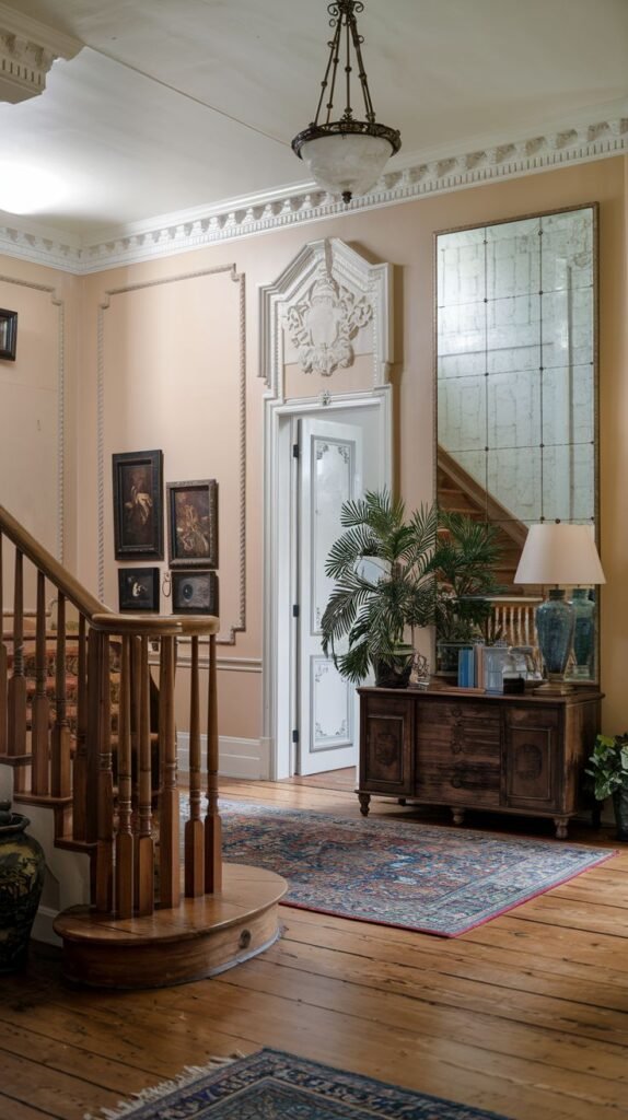 A southern classic entryway or hall showcasing a grand wooden staircase with ornate railing, intricate moldings along the walls and ceiling, and a large, distressed antique mirror. A wooden console table with plants and books adds to the traditional decor.