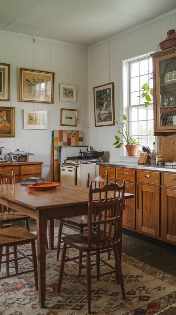 A southern classic country kitchen with a wooden dining table and chairs in the foreground. The walls are paneled white and adorned with various framed artworks. The kitchen area includes wooden base cabinets and a classic white range, giving it a warm, traditional ambiance.