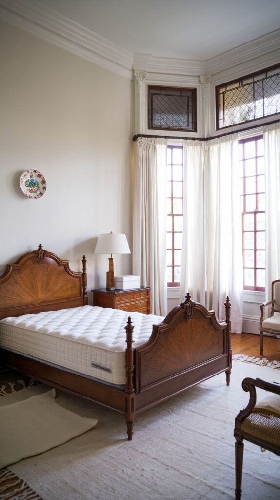 A southern classic elegant bedroom featuring a beautifully carved wooden bed frame with a white mattress. The room has large windows with sheer curtains and an interesting bay window design at the top. A simple rug and traditional furniture contribute to the classic appeal.