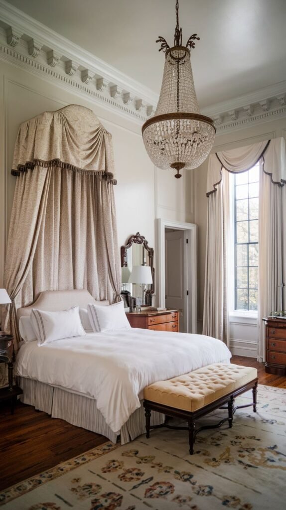 A southern classic luxurious bedroom showcasing a dramatic canopy bed with rich drapes and a light-colored bedding set. A grand crystal chandelier hangs from the high ceiling, which is adorned with ornate crown molding. A window with elegant drapes adds to the sophisticated feel.
