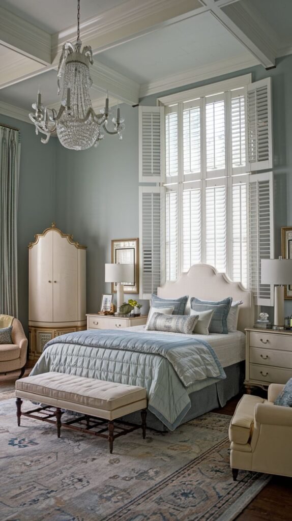 A southern classic serene bedroom decorated in soft blue and cream tones. The room features a large bed with quilted blue bedding, a stunning crystal chandelier, and tall windows covered with white plantation shutters. A light-colored wardrobe and comfortable seating complete the classic design.