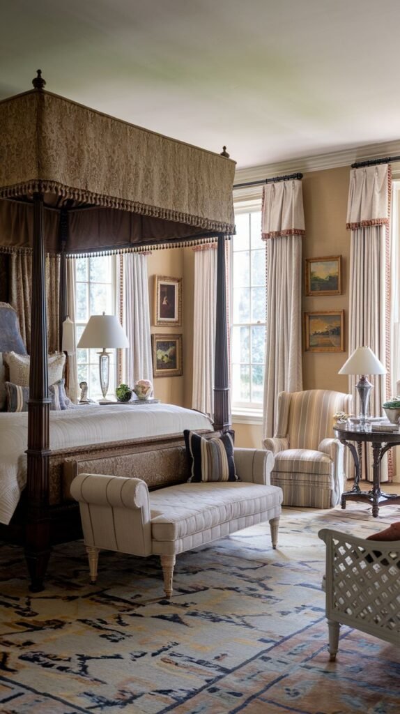 A southern classic stately bedroom centered around a four-poster canopy bed with patterned fabric. The walls are a warm neutral color and are adorned with multiple framed artworks. Large windows with traditional drapes and classic furnishings, including a striped bench, contribute to its grand appearance.