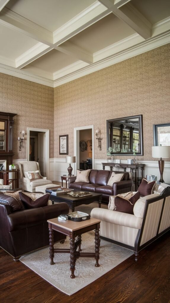 A southern classic formal living room designed with dark leather sofas and a complementary striped sofa, arranged around a coffee table. The walls feature a subtle patterned wallpaper and a prominent coffered ceiling. A large mirror above a console table adds to the sophisticated atmosphere.