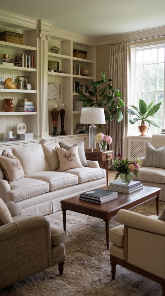 A southern classic bright living room featuring extensive built-in white bookshelves filled with books and decorative items. A light-colored sofa and armchairs create a comfortable seating area, complemented by a large window that lets in natural light and a large plant.