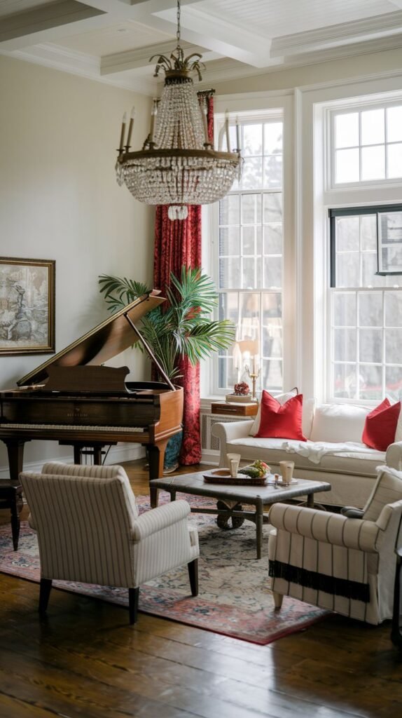 A southern classic inviting living room with a grand piano as a focal point. The room includes a white sofa with vibrant red throw pillows and striped armchairs. A large crystal chandelier hangs from the ceiling, and tall windows provide ample natural light, enhancing the classic elegance.