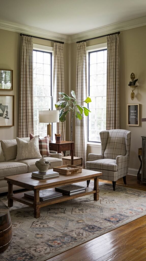 A southern classic cozy living room furnished with a neutral sofa and a plaid armchair and matching curtains. A large wooden coffee table is central to the seating arrangement, and a patterned area rug grounds the space, creating a warm and traditional ambiance.