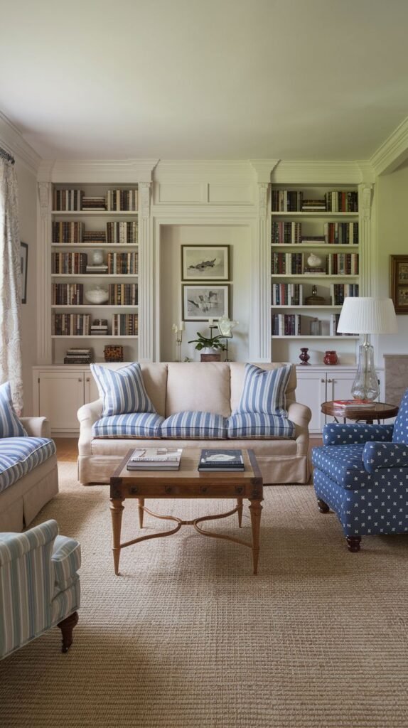 A southern classic comfortable living room with white built-in bookshelves flanking a central art display. The seating includes a sofa with blue and white striped cushions and blue armchairs, complemented by a textured natural fiber rug, giving the room a fresh, classic feel.