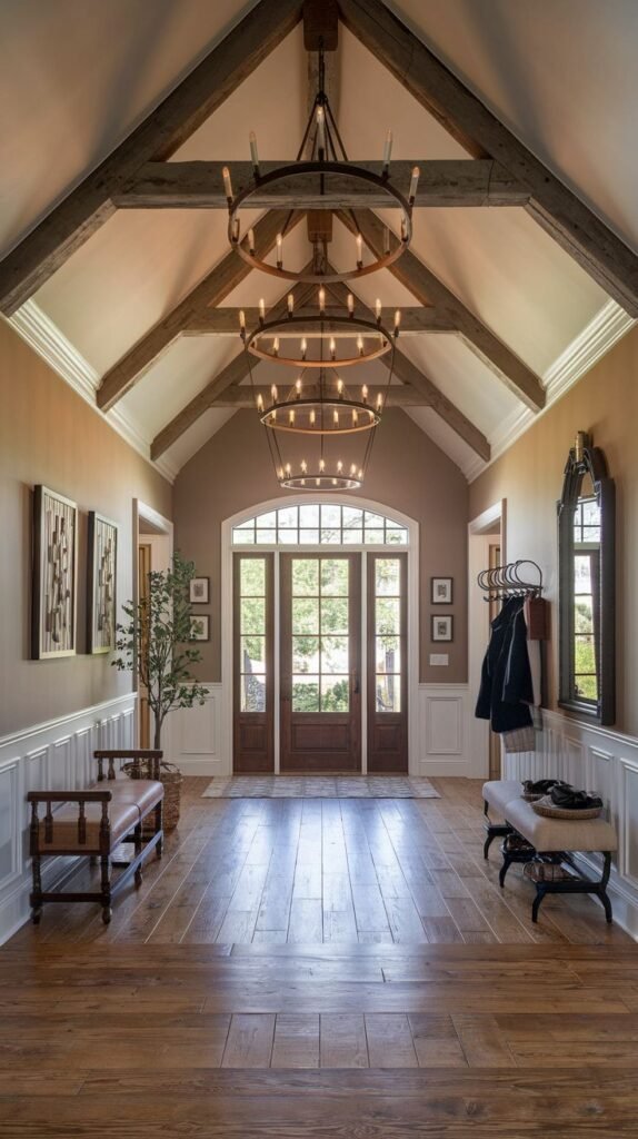 A southern classic rustic entryway with a vaulted ceiling supported by exposed wooden beams. Two large, multi-tiered chandeliers provide illumination, leading to a double-door entrance with glass panels. The space features warm wooden floors and wainscoting.