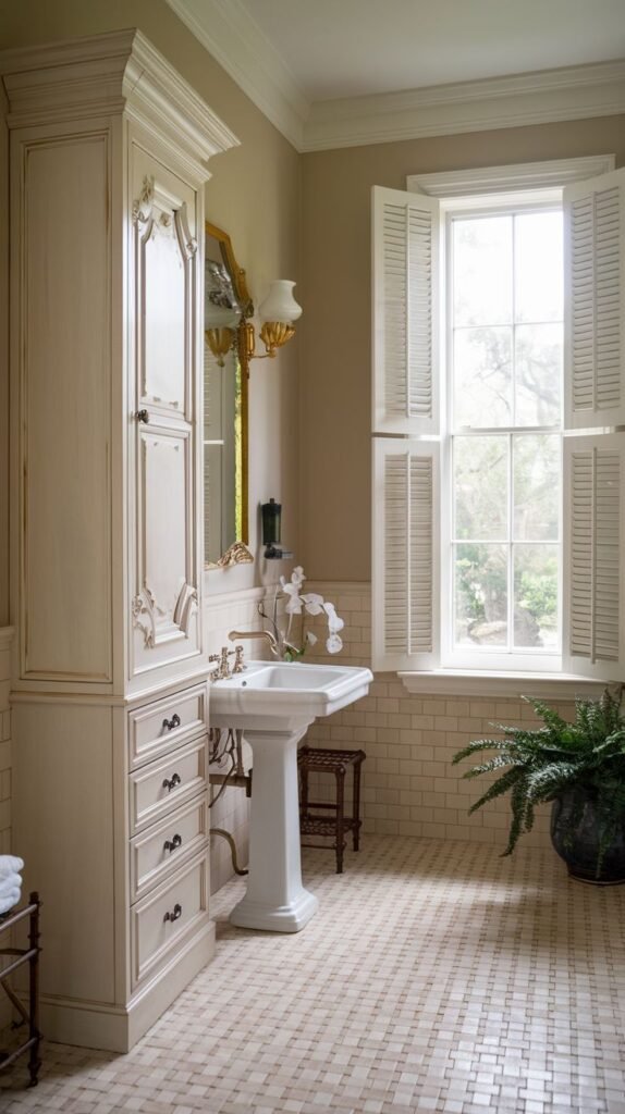 A southern classic refined bathroom featuring a pedestal sink and a tall, ornately carved storage cabinet. The walls are tiled in a subtle pattern, and the floor is covered with small, light-colored square tiles. A large window with white shutters allows for natural light.