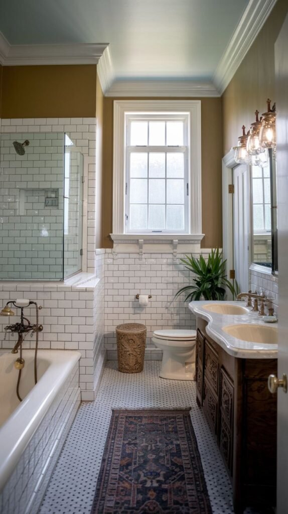 A southern classic luxurious bathroom with white subway tiles on the lower walls and in the shower enclosure. It features a dark wooden double vanity with marble countertops and a tiled floor with a small patterned runner rug. A large window brings light into the space, showcasing the classic fixtures.