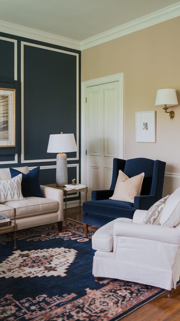 A southern classic sophisticated living room with a distinctive two-toned wall design, featuring a dark blue lower section with white molding and a light beige upper section. The room is furnished with a neutral sofa, a deep blue armchair, and a large patterned area rug, creating a classic and elegant space.