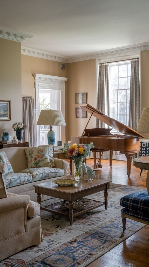 A southern classic welcoming living room featuring a grand piano by the window. The room includes a floral-patterned sofa and comfortable armchairs, arranged around a wooden coffee table with a vase of flowers. Large windows with patterned drapes add to the bright and classic atmosphere.
