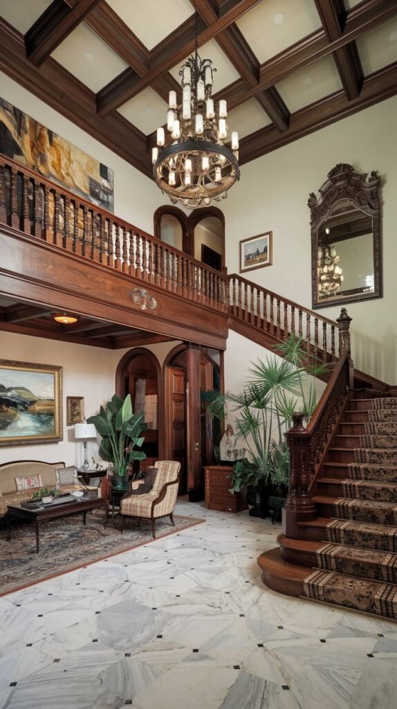 A southern classic magnificent foyer dominated by a sweeping wooden staircase with an ornate railing and a patterned runner. A large multi-tiered chandelier hangs from the coffered wooden ceiling, illuminating the elegant marble floor. Large potted plants and classic furnishings complete this grand entrance.