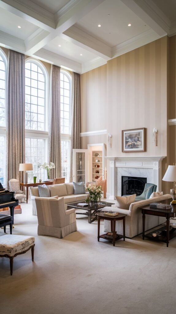A southern classic grand living room featuring tall arched windows with long draperies, a prominent white fireplace, and coffered ceilings. The room is furnished with classic sofas and armchairs arranged around a coffee table, with a grand piano visible on the left.