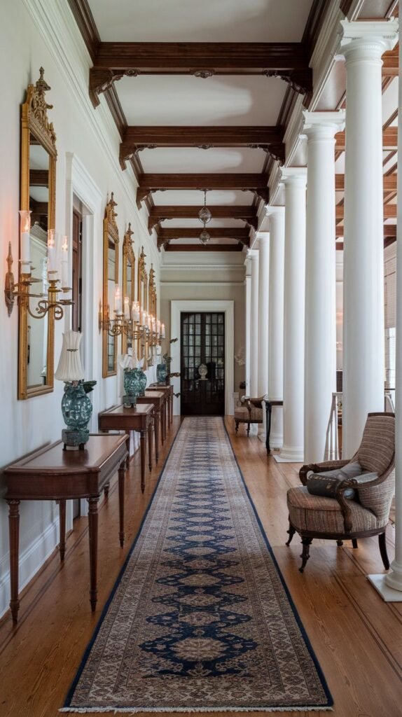 A southern classic long hallway characterized by a row of tall white columns on the right and a series of ornate gold mirrors with sconces on the left. The ceiling features dark wooden beams, and a long patterned runner rug extends down the polished wooden floor.
