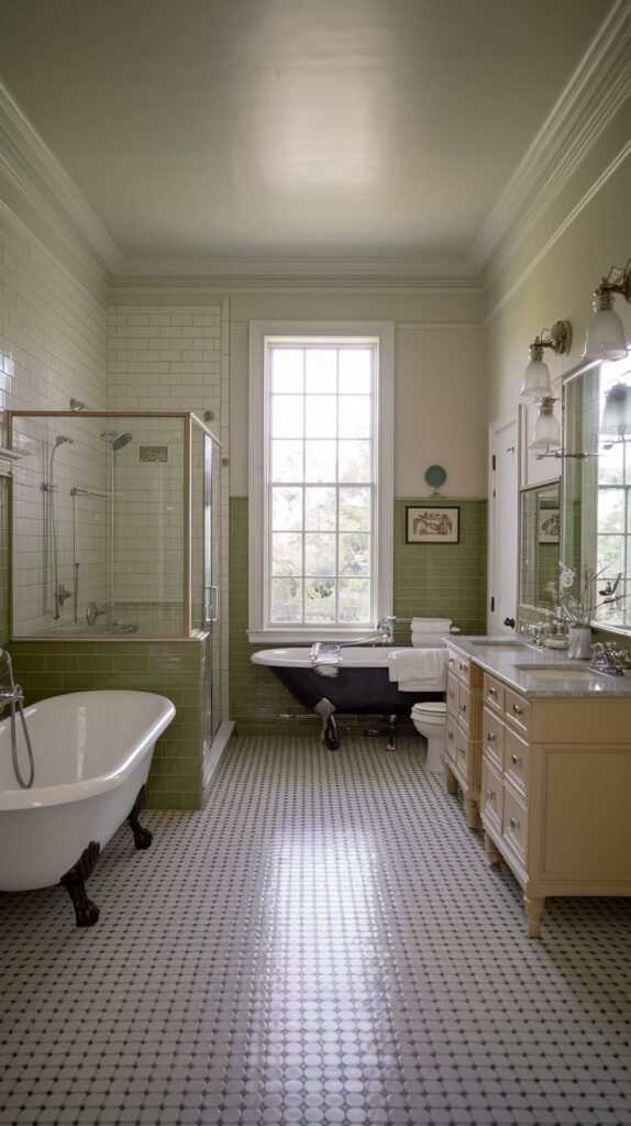 A southern classic spacious bathroom with a large window, featuring light green subway tiles on the walls and a patterned white and black tiled floor. The room includes two classic clawfoot bathtubs, one freestanding and another within a glass shower enclosure, alongside a wooden vanity.